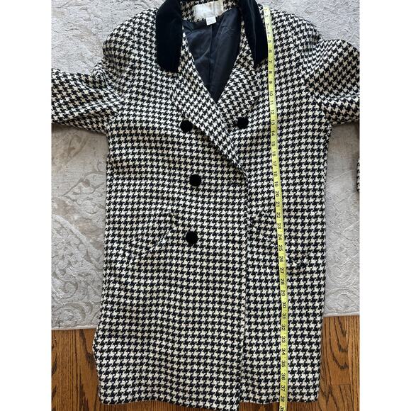 Vintage 1980s The Limited Houndstooth Wool Coat Black White Velvet Collar 12 - Picture 7 of 8